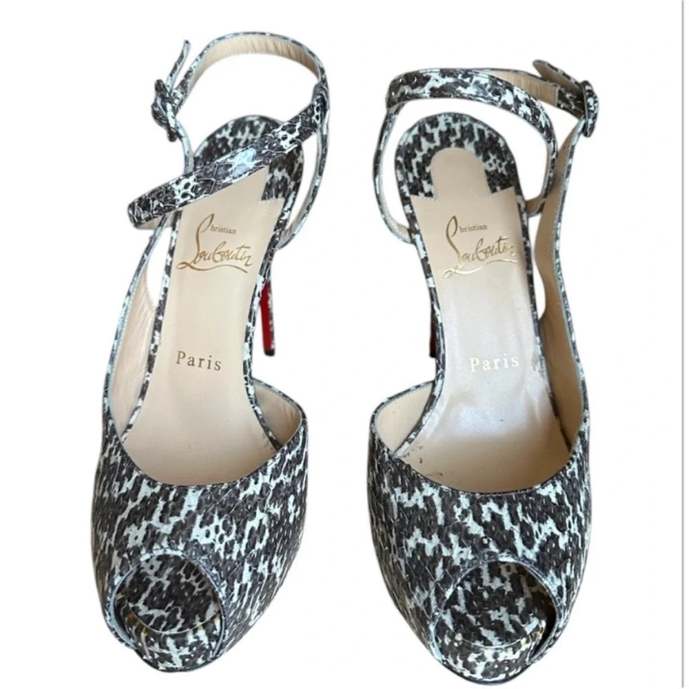 Christian Louboutin Black and White Snakeskin Peep-Toe Stiletto Sandals